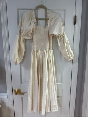 Cream Puff-Sleeve Smocked Bodice Formal Dress